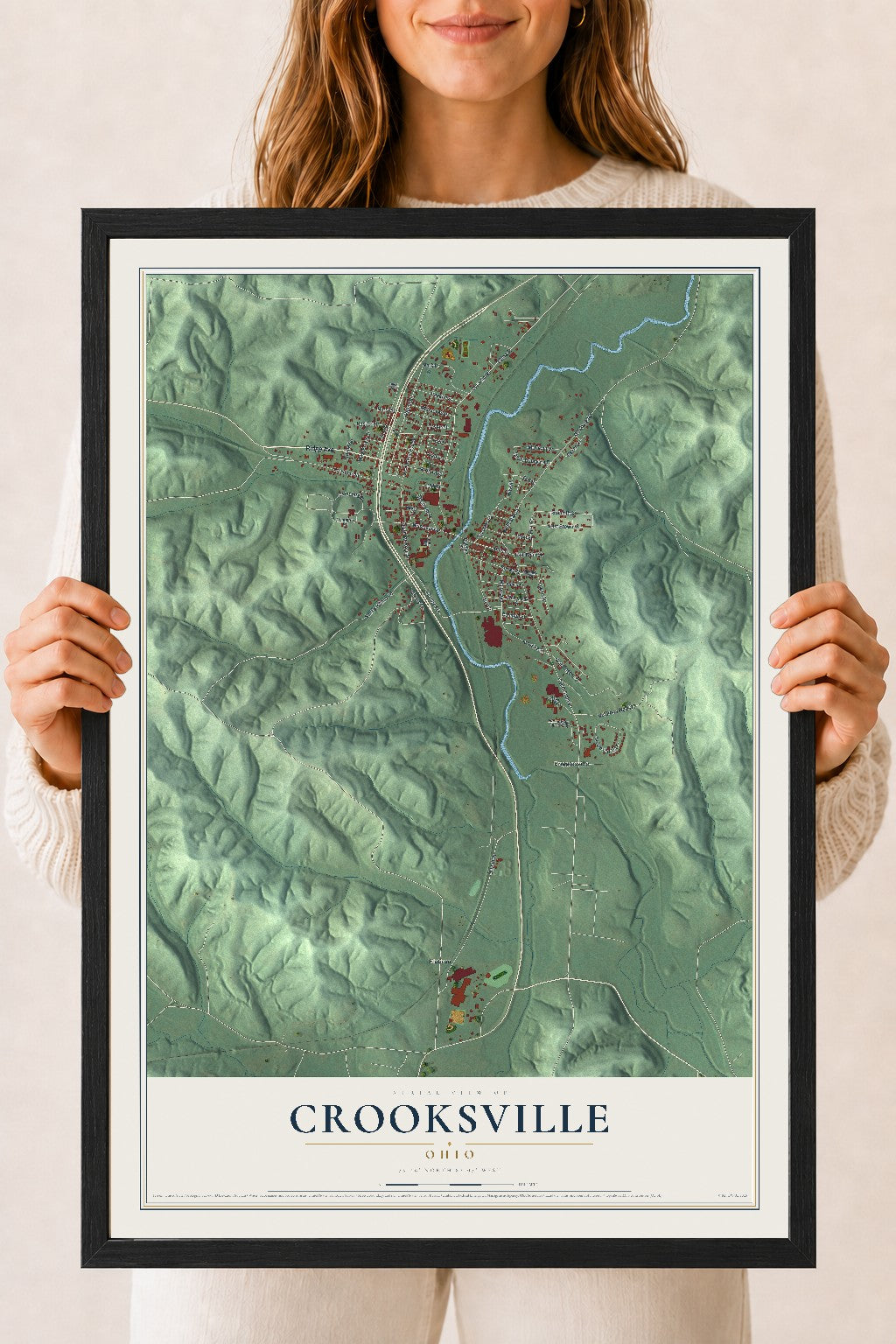 Map of Crooksville, Ohio, 18 x 24 inch print in a black wood frame