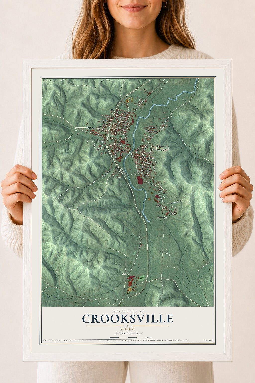 Map of Crooksville, Ohio, 18 x 24 inch print in a white wood frame