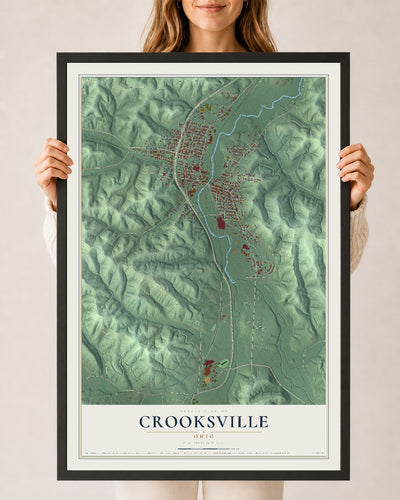 Map of Crooksville, Ohio, 24 x 36 inch print in a black wood frame