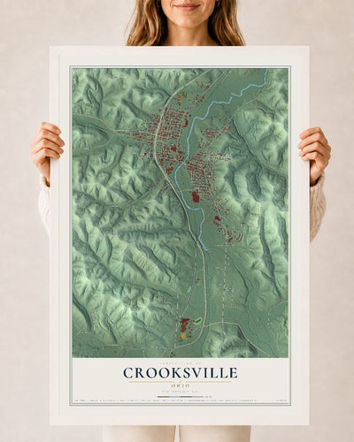 Map of Crooksville, Ohio, 24 x 36 inch print in a white wood frame