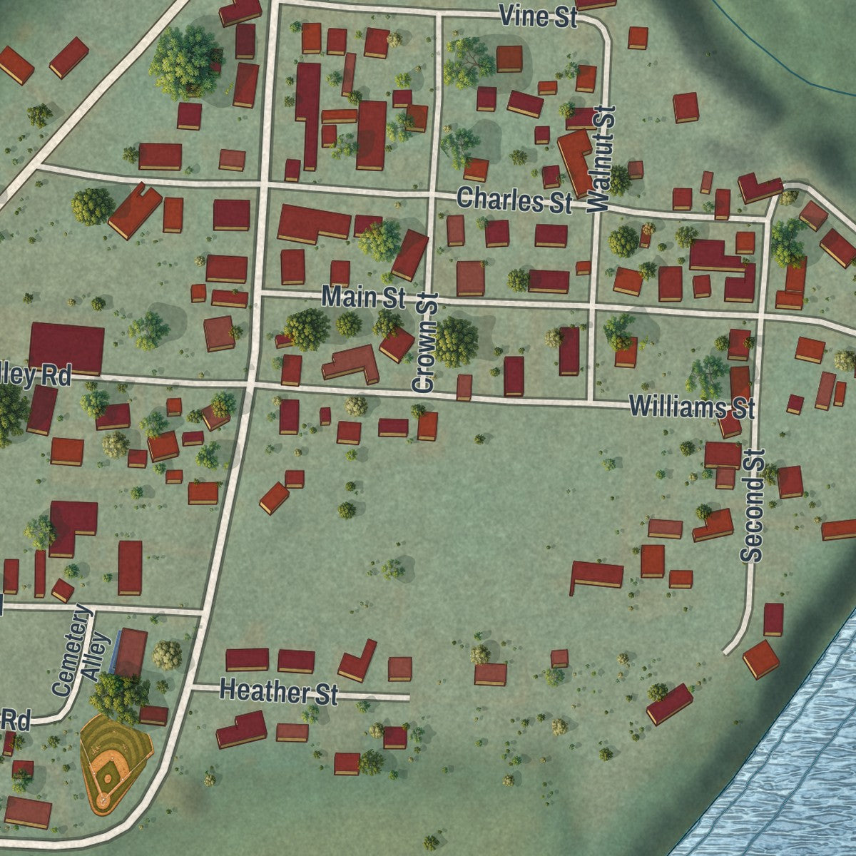 Close-up of the map of Crown City, Ohio print showing street and building detail