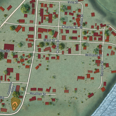 Close-up of the map of Crown City, Ohio print showing street and building detail
