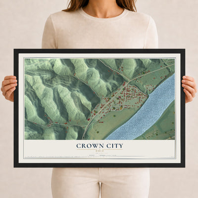 Map of Crown City, Ohio, 12 x 18 inch print in a black wood frame