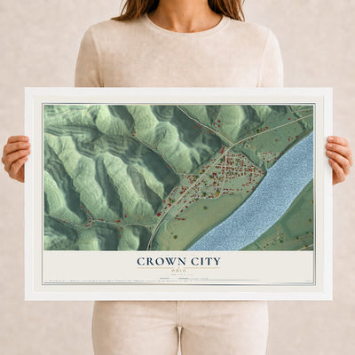 Map of Crown City, Ohio, 12 x 18 inch print in a white wood frame