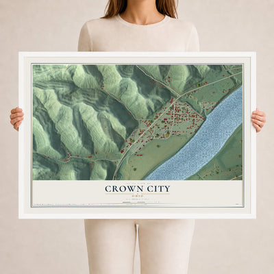 Map of Crown City, Ohio, 24 x 36 inch print in a white wood frame