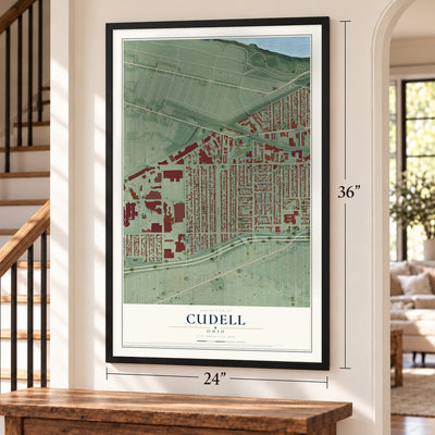 Cudell, Ohio map, 24 x 36 inch print in a black frame by a staircase