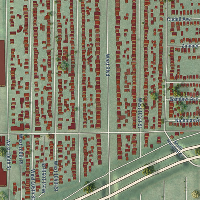 Close-up of the map of Cudell, Ohio print showing street and building detail