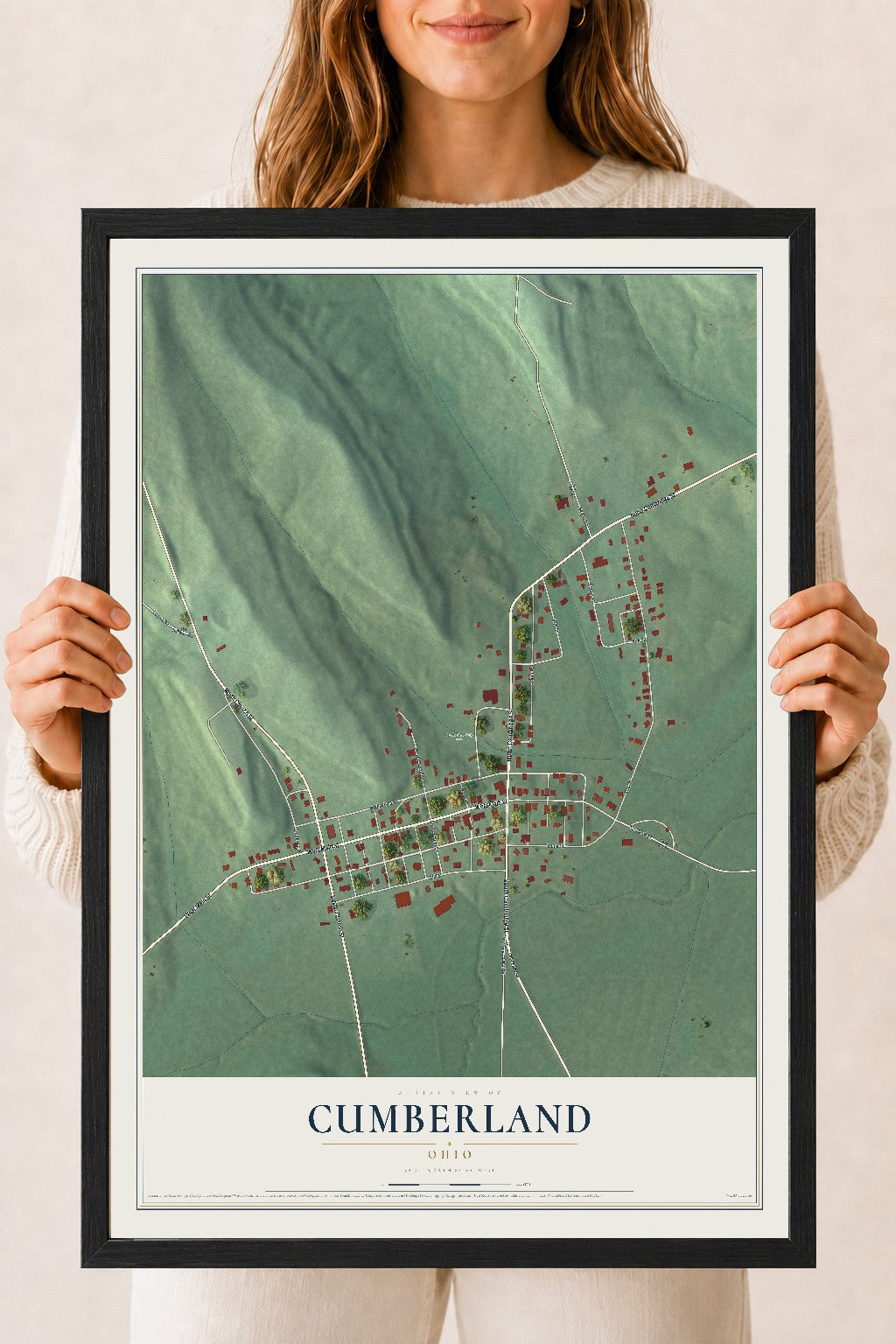 Map of Cumberland, Ohio, 18 x 24 inch print in a black wood frame