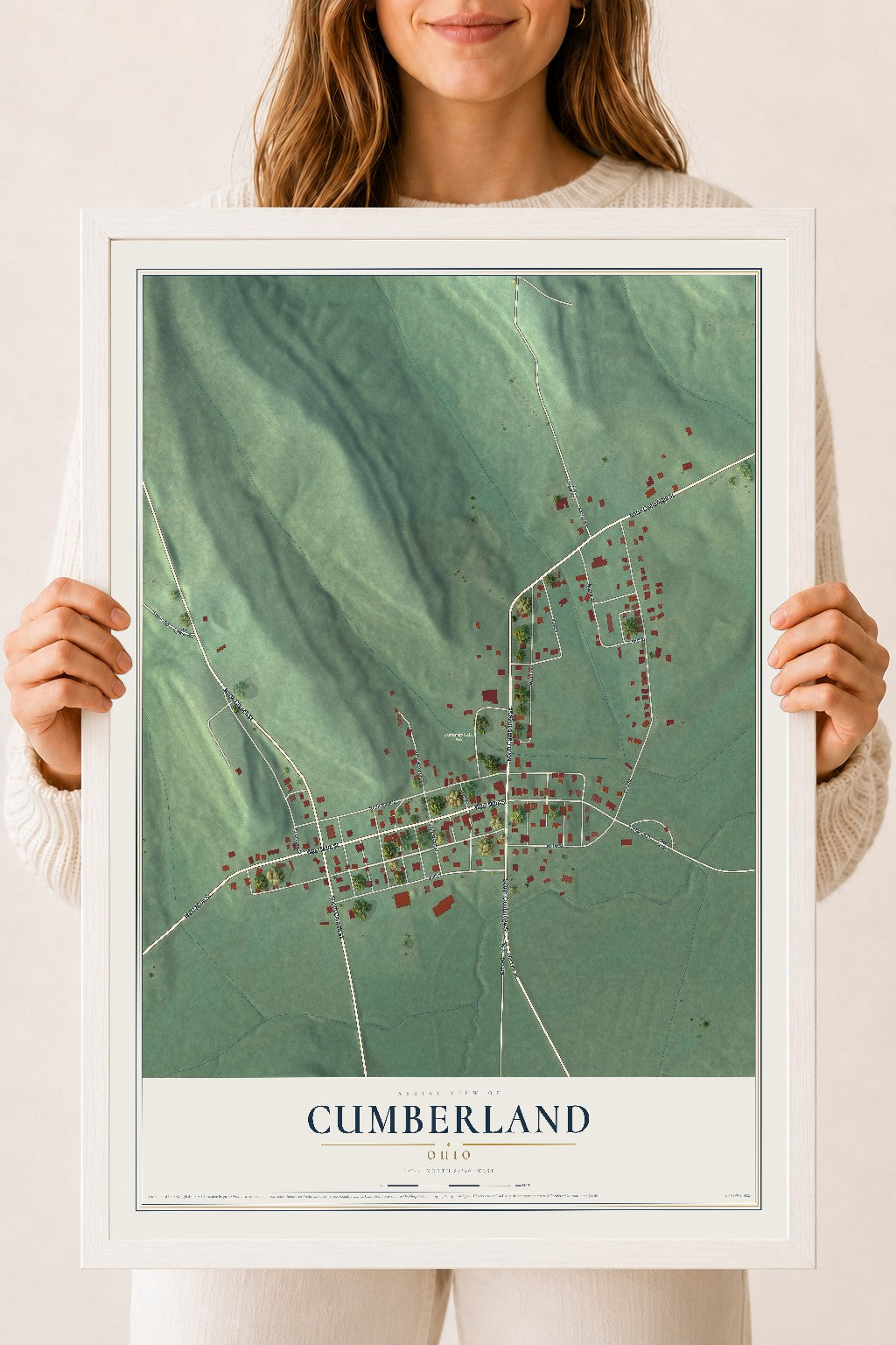 Map of Cumberland, Ohio, 18 x 24 inch print in a white wood frame