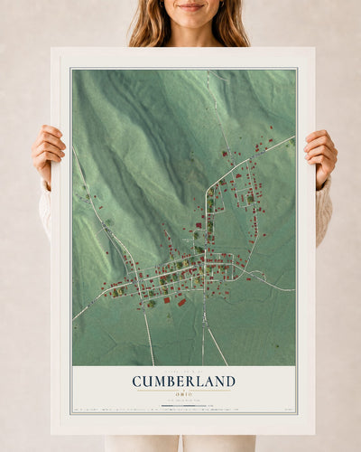 Map of Cumberland, Ohio, 24 x 36 inch print in a white wood frame