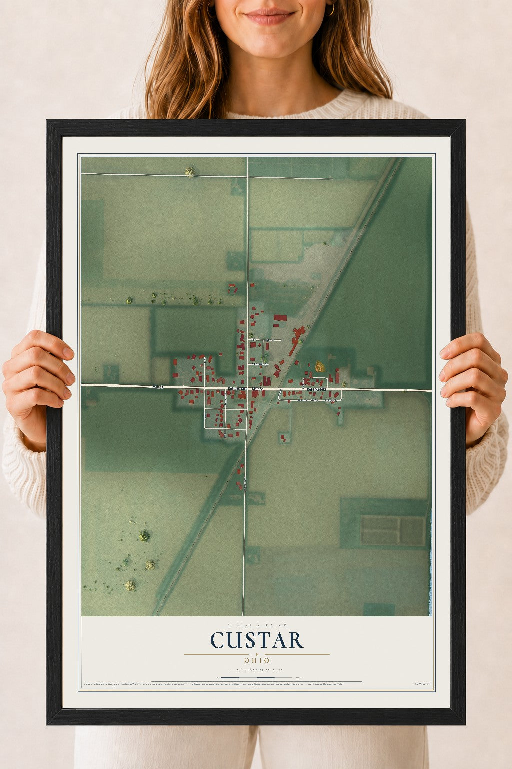 Map of Custar, Ohio, 18 x 24 inch print in a black wood frame