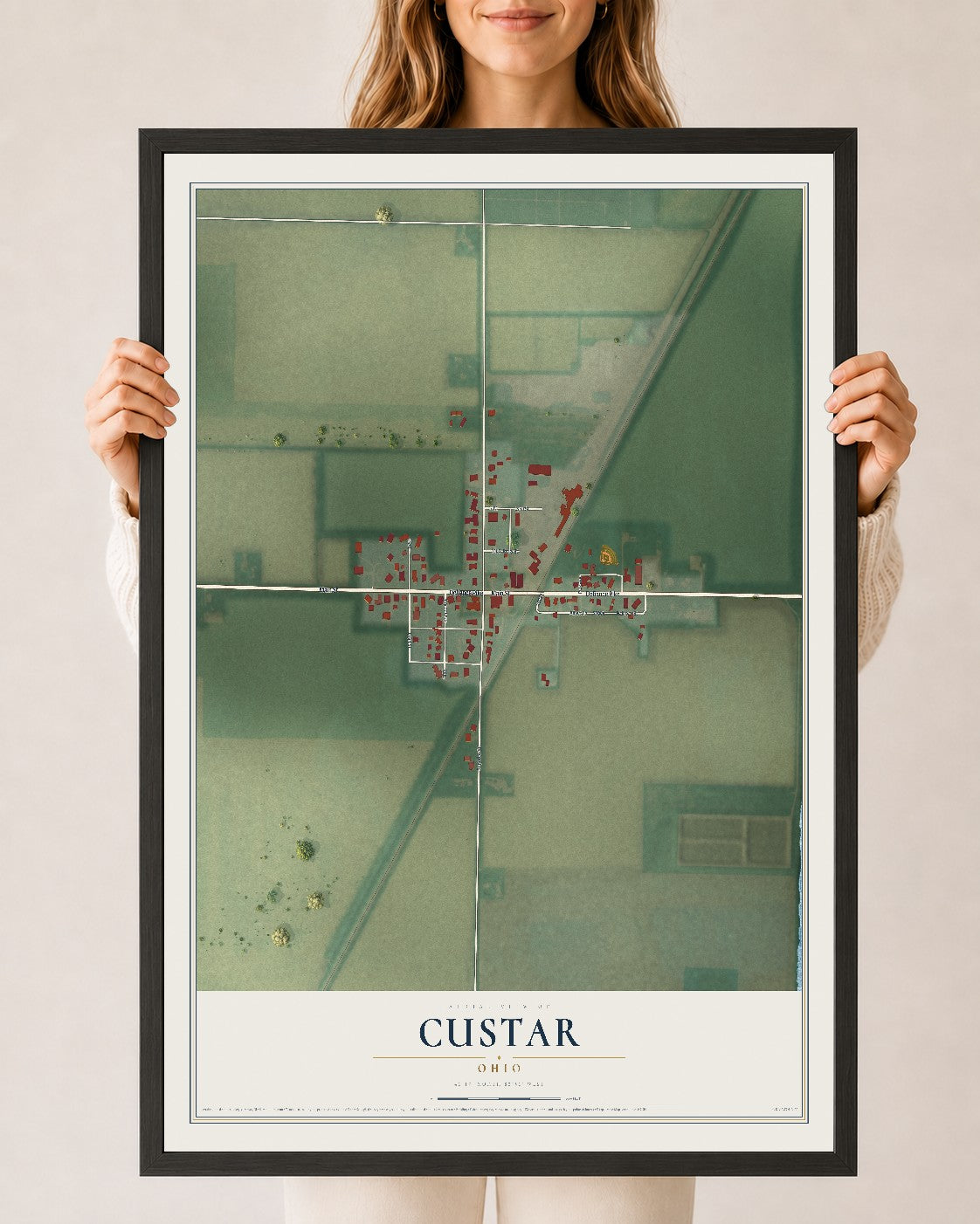 Map of Custar, Ohio, 24 x 36 inch print in a black wood frame