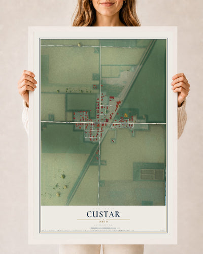 Map of Custar, Ohio, 24 x 36 inch print in a white wood frame