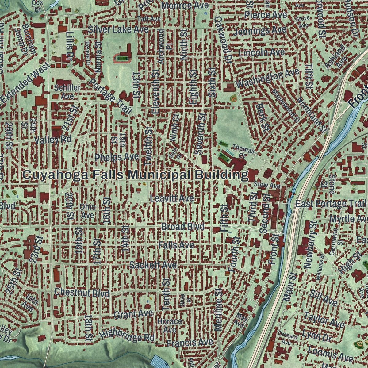 Close-up of the map of Cuyahoga Falls, Ohio print showing street and building detail