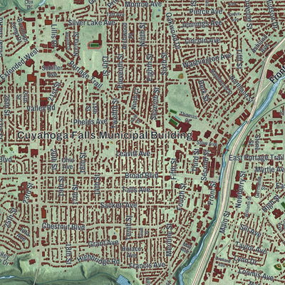 Close-up of the map of Cuyahoga Falls, Ohio print showing street and building detail