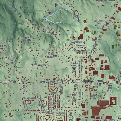 Second close-up of the map of Cuyahoga Falls, Ohio print showing more streets and buildings
