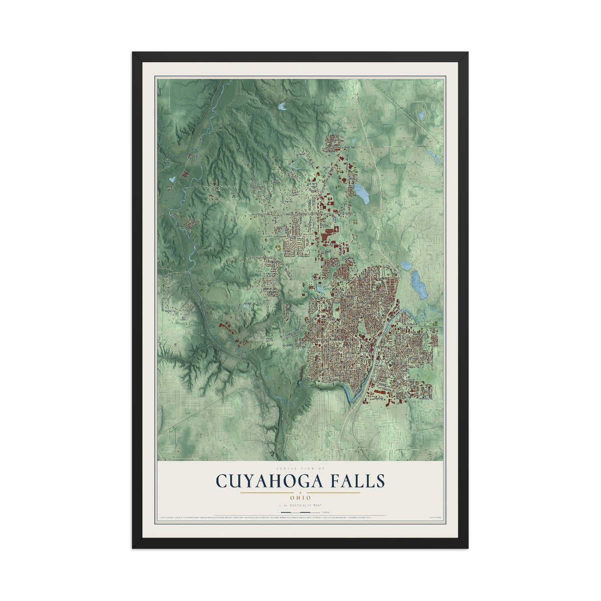 Map of Cuyahoga Falls, Ohio, 12 x 18 inch print in a black wood frame