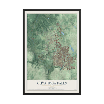 Map of Cuyahoga Falls, Ohio, 12 x 18 inch print in a black wood frame