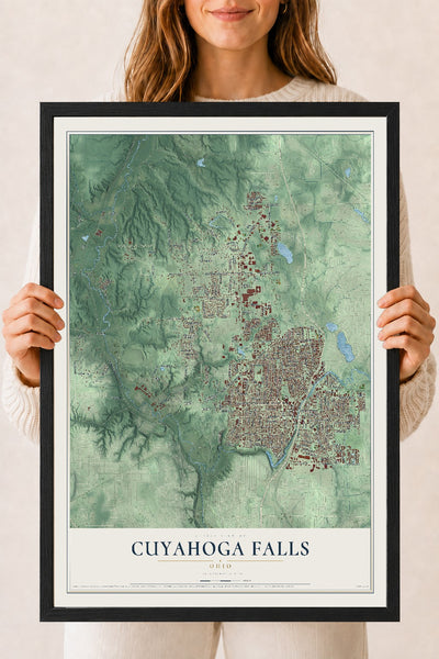 Map of Cuyahoga Falls, Ohio, 18 x 24 inch print in a black wood frame