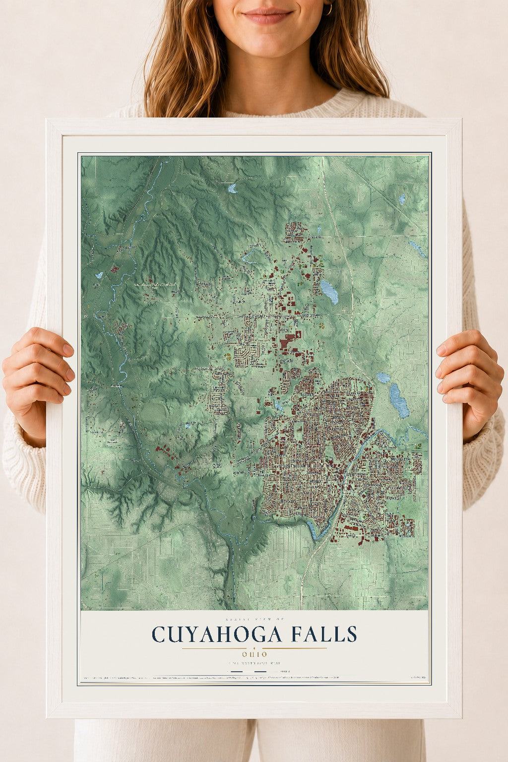 Map of Cuyahoga Falls, Ohio, 18 x 24 inch print in a white wood frame