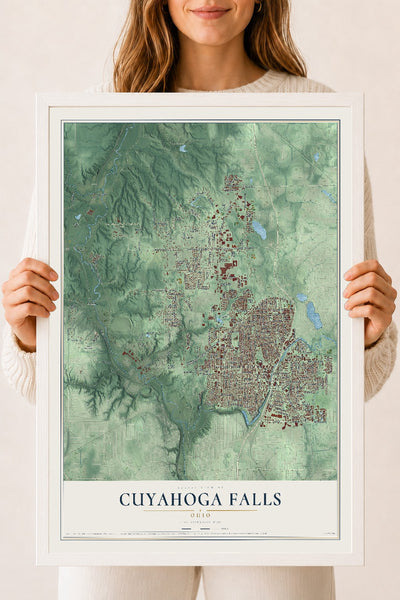 Map of Cuyahoga Falls, Ohio, 18 x 24 inch print in a white wood frame