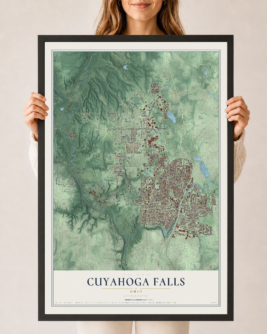 Map of Cuyahoga Falls, Ohio, 24 x 36 inch print in a black wood frame