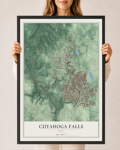 Map of Cuyahoga Falls, Ohio, 24 x 36 inch print in a black wood frame