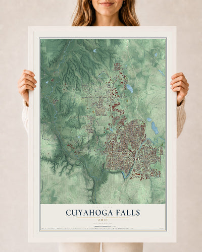 Map of Cuyahoga Falls, Ohio, 24 x 36 inch print in a white wood frame