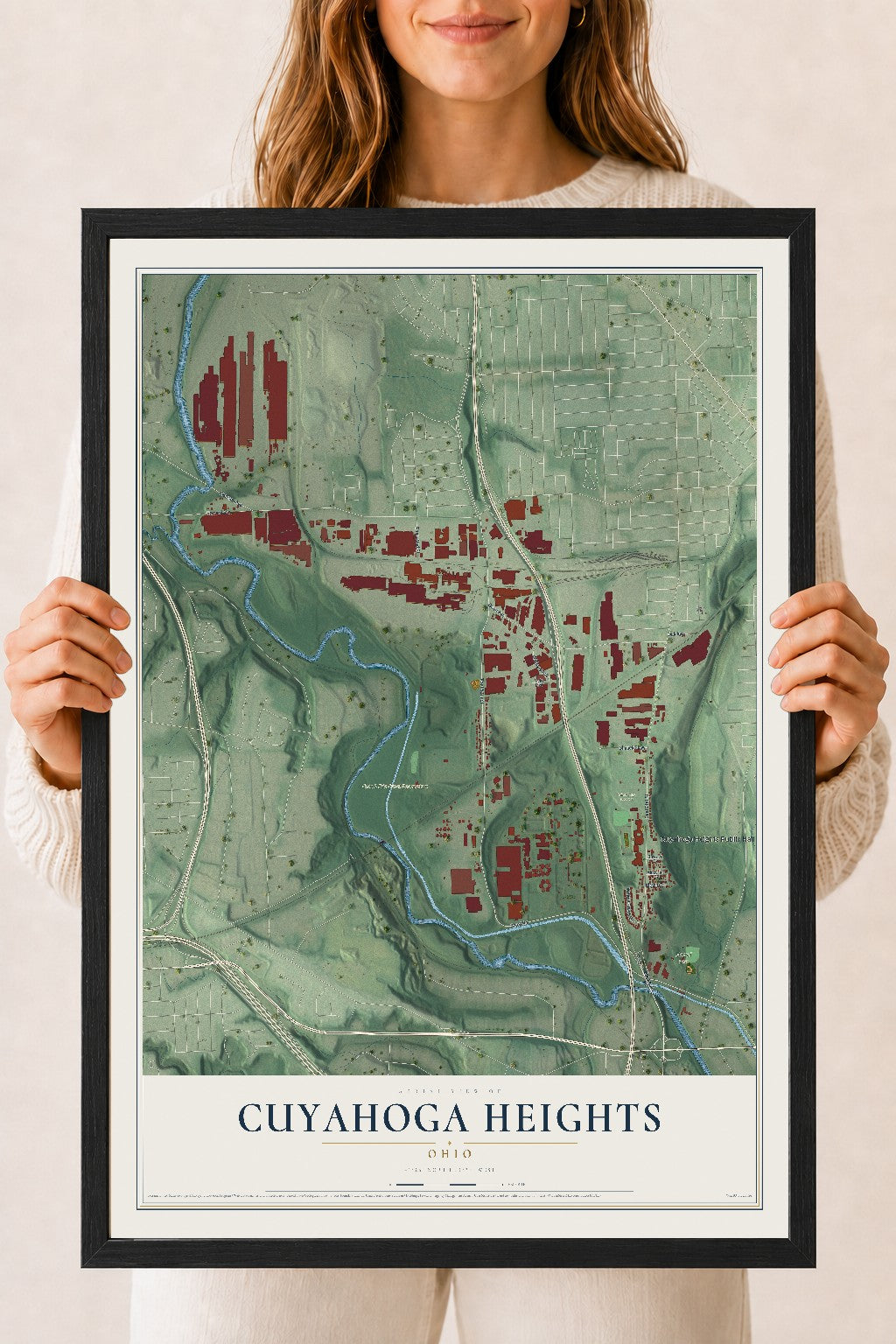 Map of Cuyahoga Heights, Ohio, 18 x 24 inch print in a black wood frame
