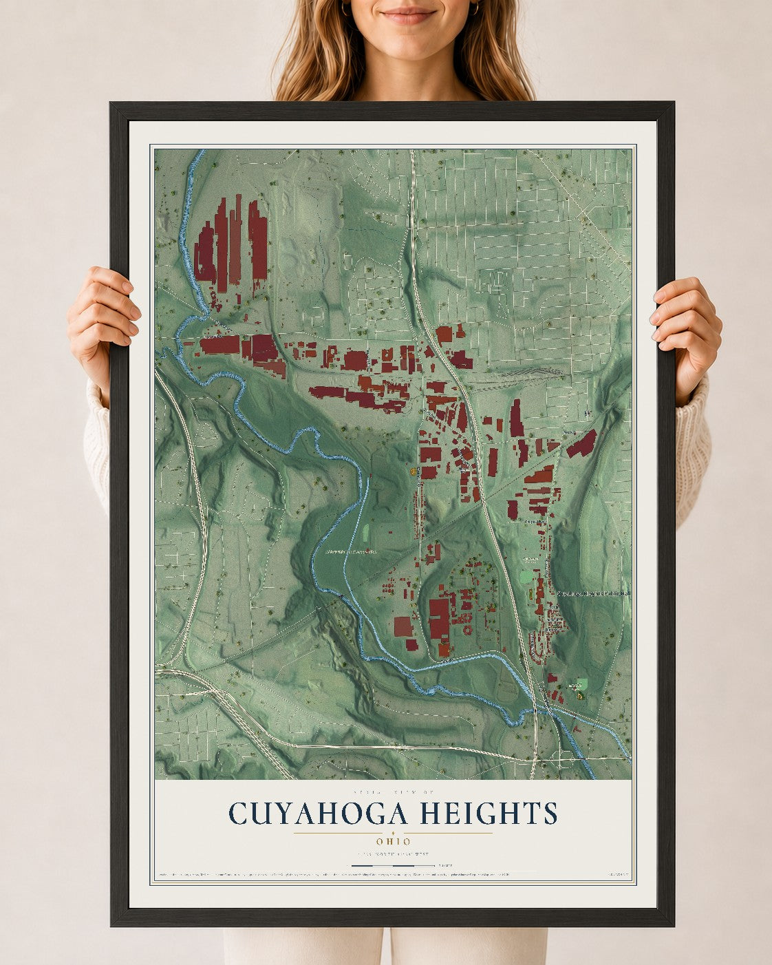 Map of Cuyahoga Heights, Ohio, 24 x 36 inch print in a black wood frame