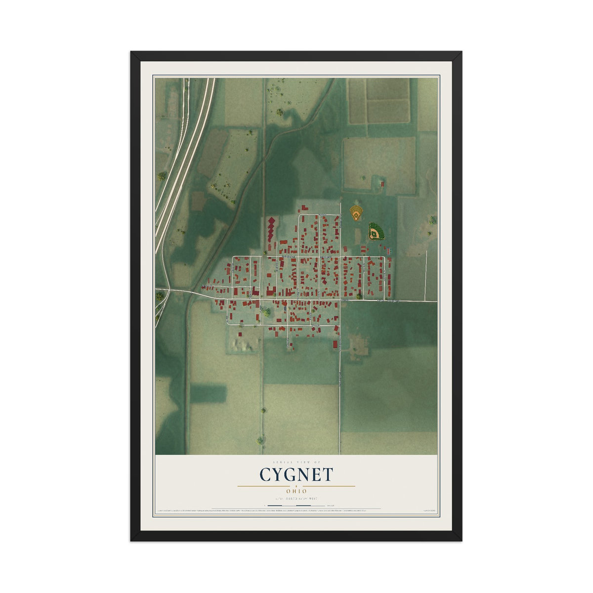 Map of Cygnet, Ohio, 12 x 18 inch print in a black wood frame