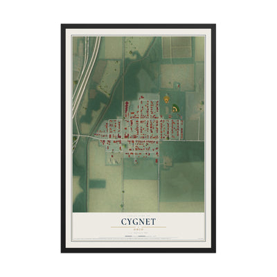 Map of Cygnet, Ohio, 12 x 18 inch print in a black wood frame