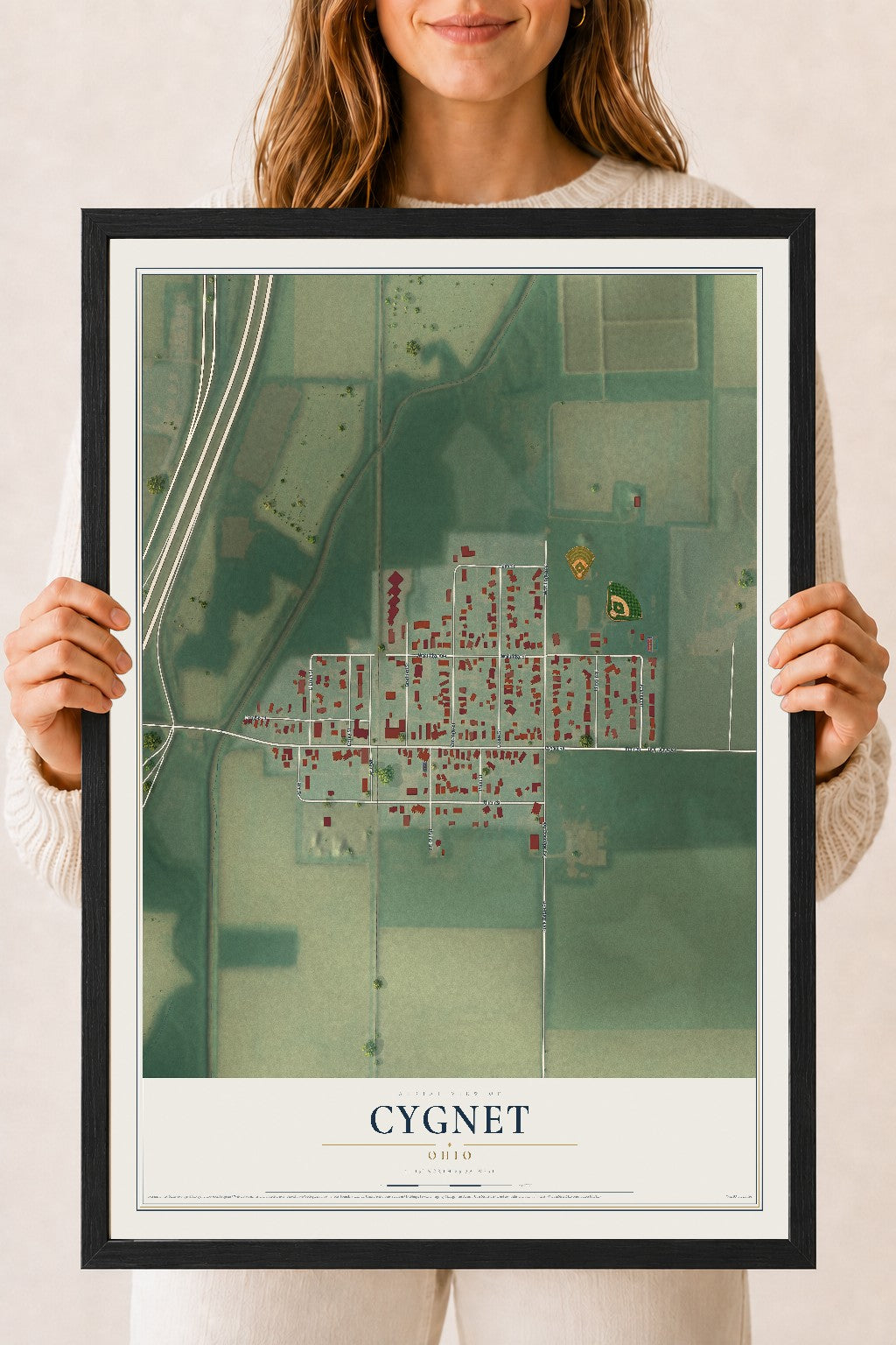 Map of Cygnet, Ohio, 18 x 24 inch print in a black wood frame