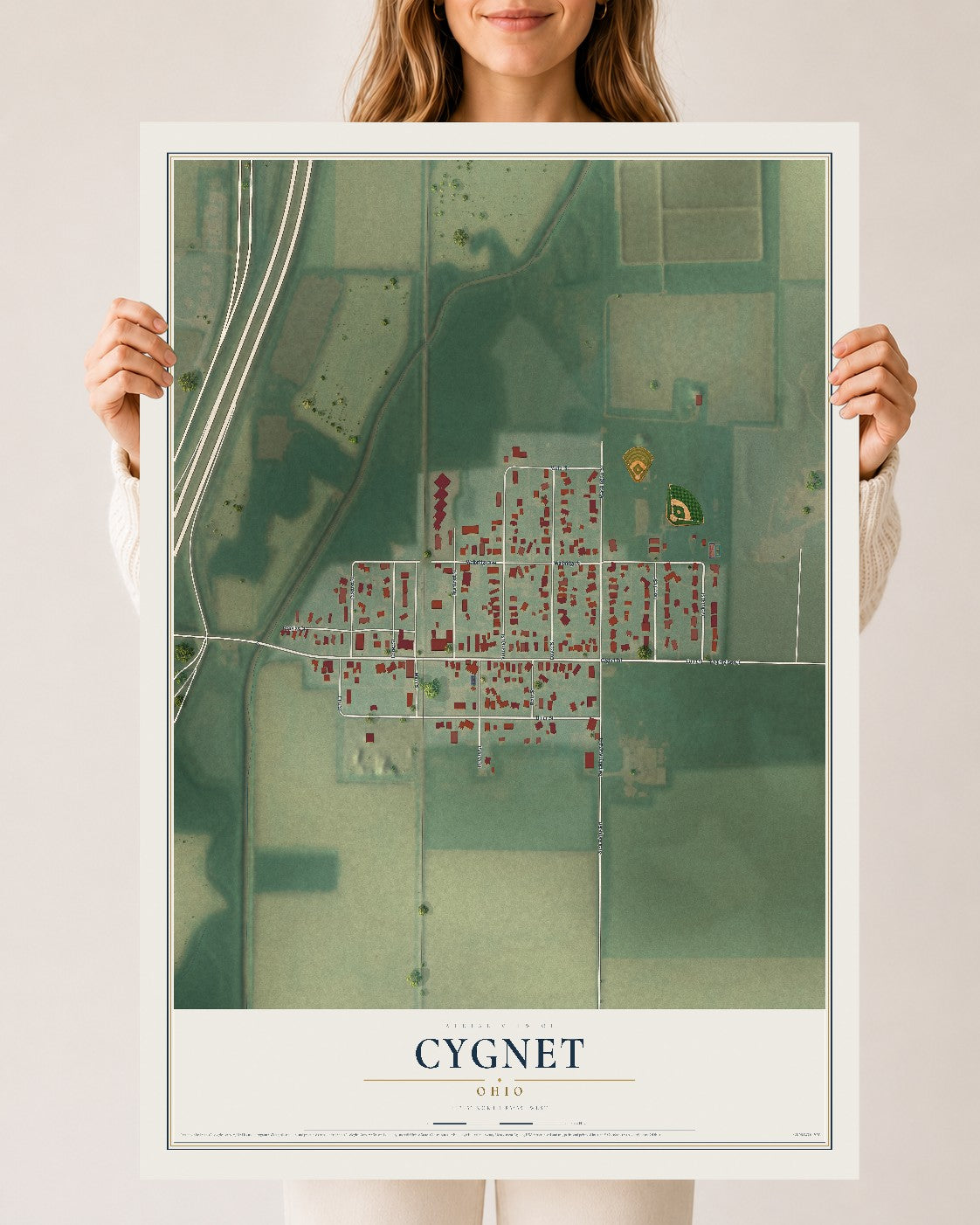Map of Cygnet, Ohio, 24 x 36 inch unframed archival matte print