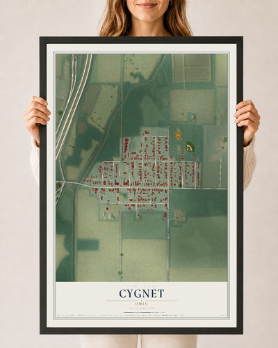 Map of Cygnet, Ohio, 24 x 36 inch print in a black wood frame