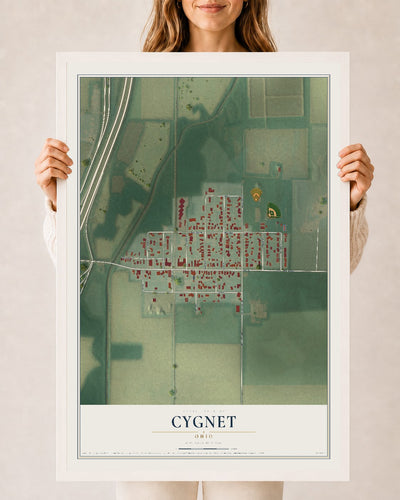 Map of Cygnet, Ohio, 24 x 36 inch print in a white wood frame