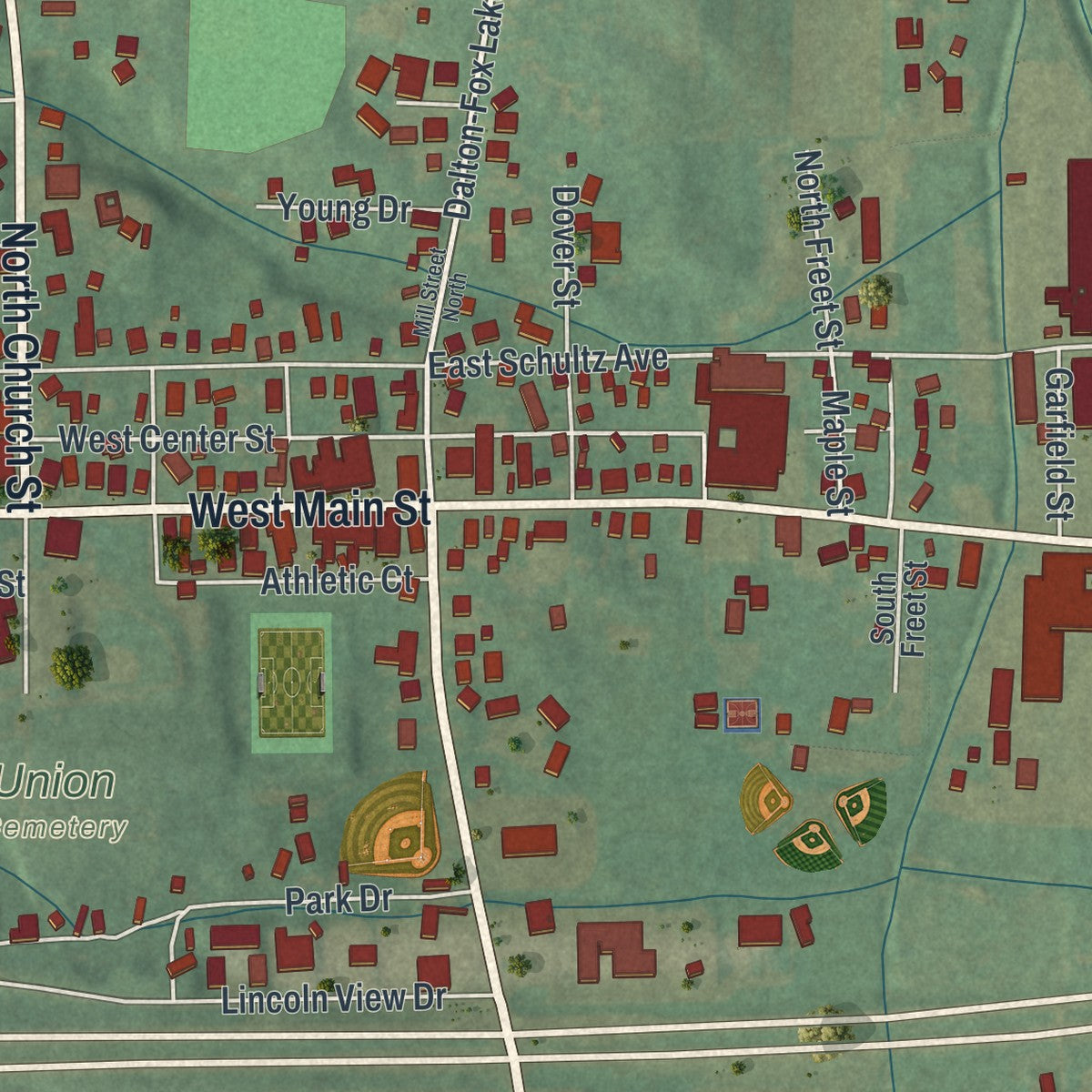 Close-up of the map of Dalton, Ohio print showing street and building detail