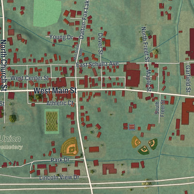 Close-up of the map of Dalton, Ohio print showing street and building detail
