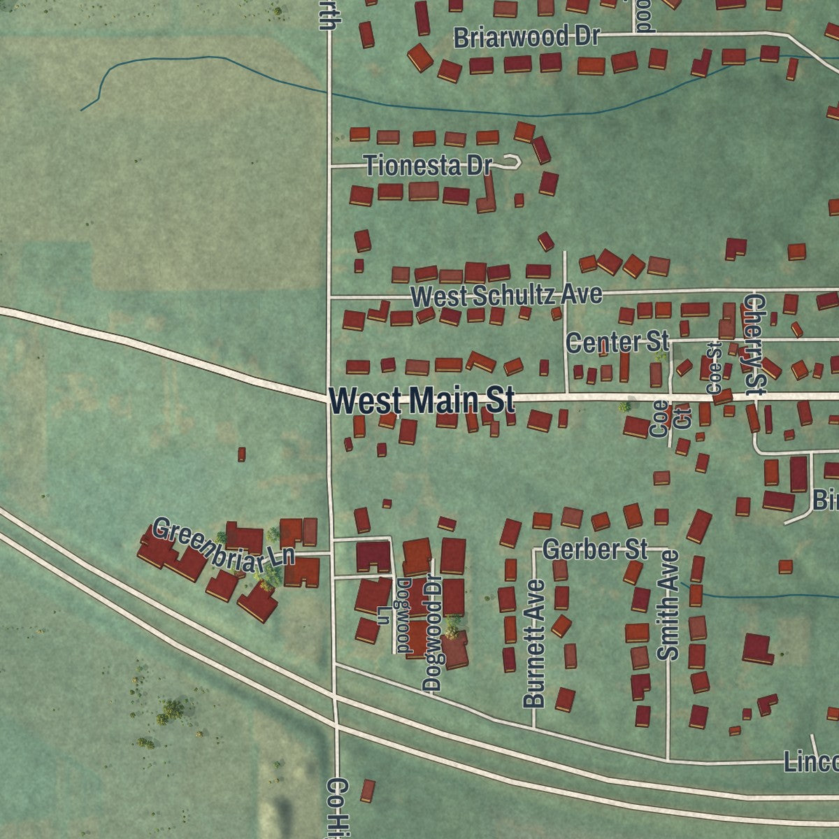 Second close-up of the map of Dalton, Ohio print showing more streets and buildings