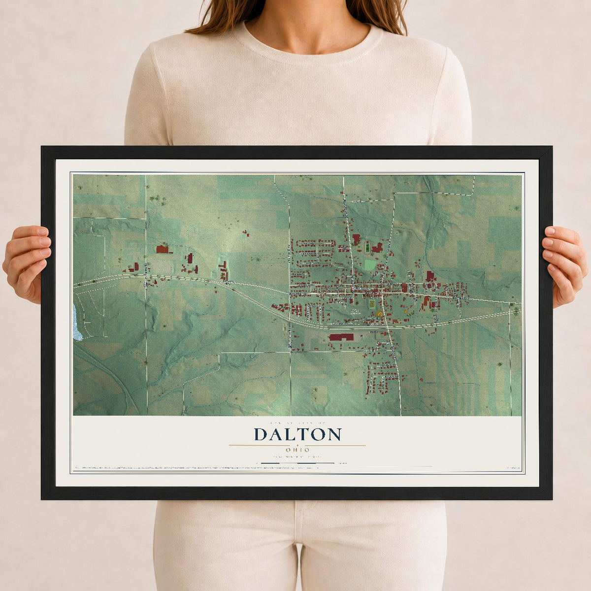 Map of Dalton, Ohio, 12 x 18 inch print in a black wood frame