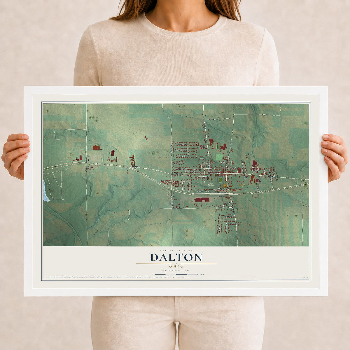 Map of Dalton, Ohio, 12 x 18 inch print in a white wood frame