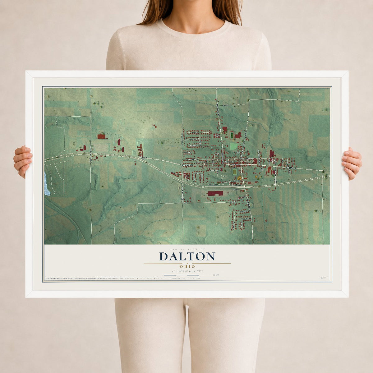 Map of Dalton, Ohio, 24 x 36 inch print in a white wood frame