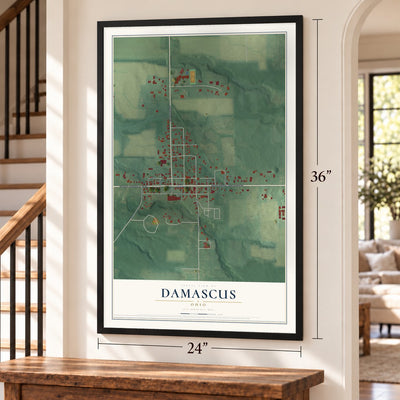 Damascus, Ohio map, 24 x 36 inch print in a black frame by a staircase