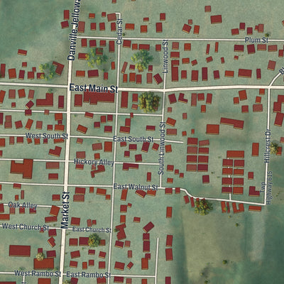 Close-up of the map of Danville, Ohio print showing street and building detail