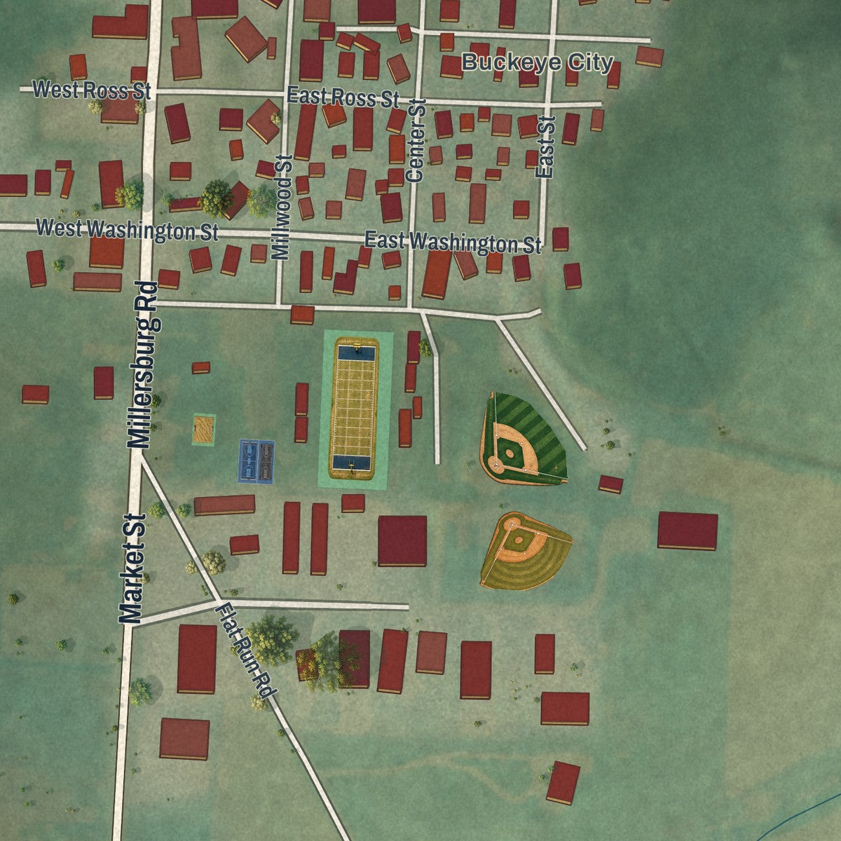 Second close-up of the map of Danville, Ohio print showing more streets and buildings