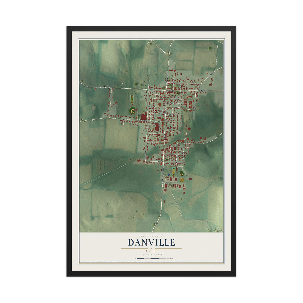 Map of Danville, Ohio, 12 x 18 inch print in a black wood frame
