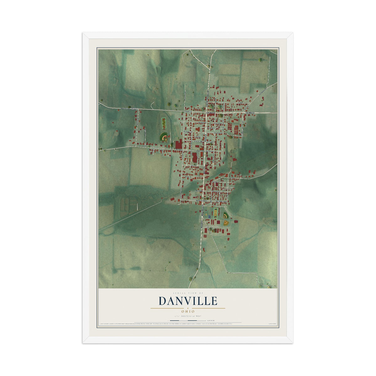 Map of Danville, Ohio, 12 x 18 inch print in a white wood frame
