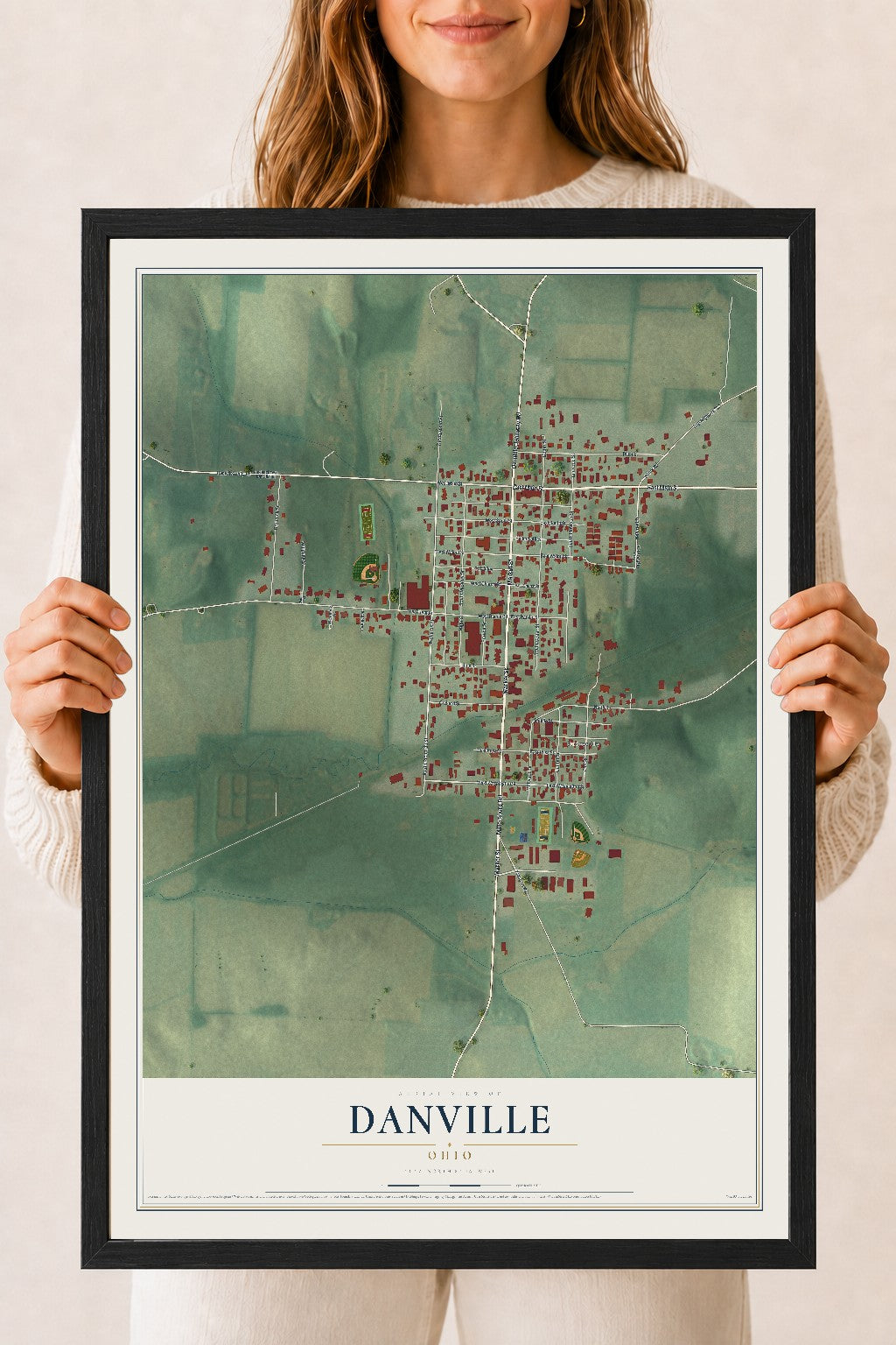 Map of Danville, Ohio, 18 x 24 inch print in a black wood frame