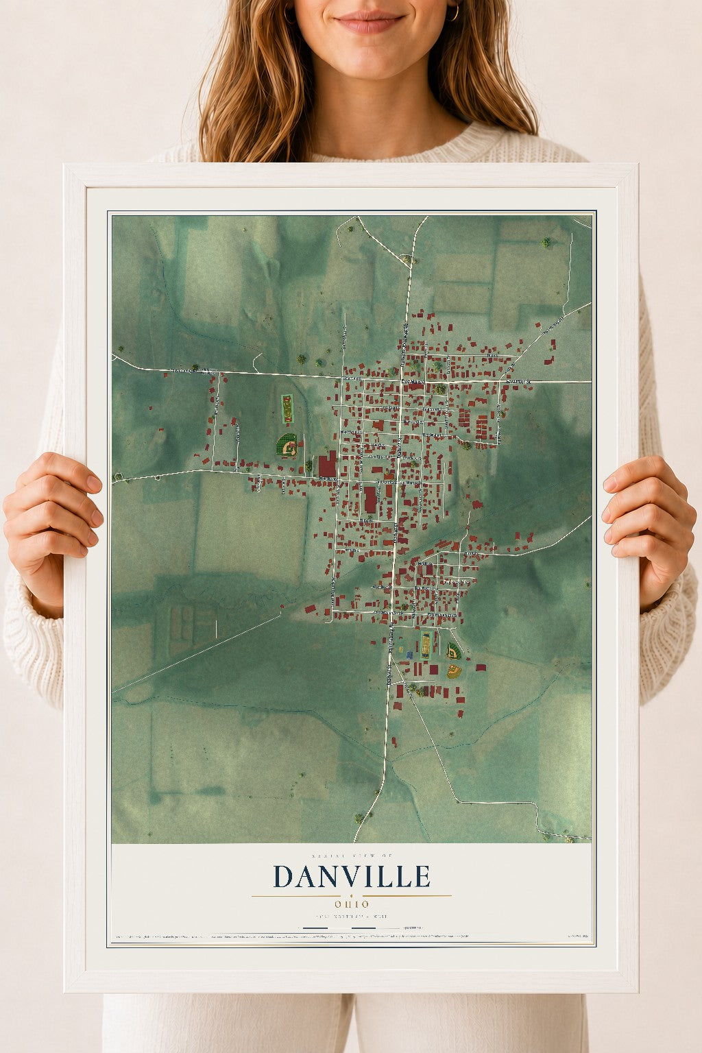 Map of Danville, Ohio, 18 x 24 inch print in a white wood frame