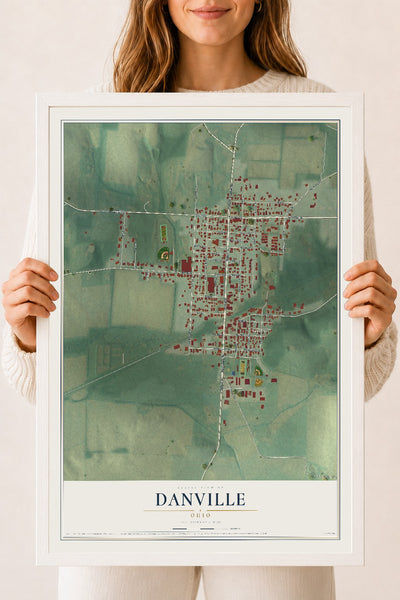 Map of Danville, Ohio, 18 x 24 inch print in a white wood frame